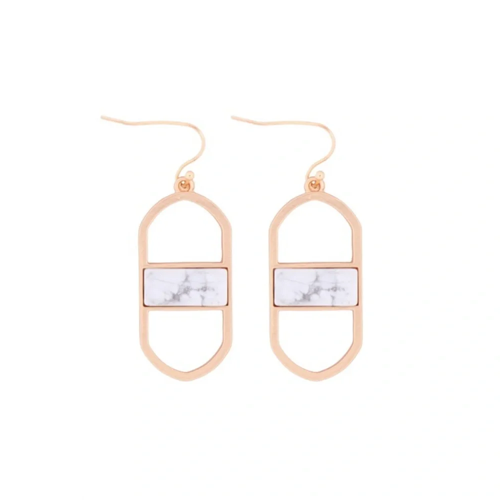 OPEN OVAL NATURAL STONE DROP EARRINGS - MATTE GOLD WHITE - Picture 1 of 2